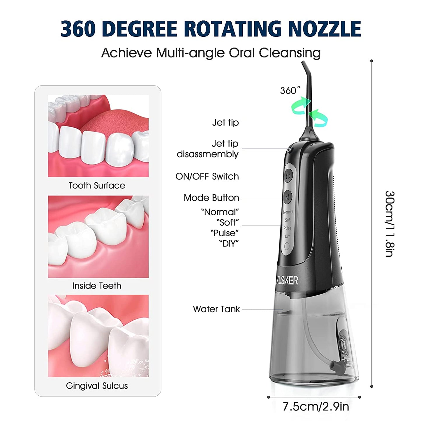 Water Dental Flosser Cordless, Portable Oral Irrigator for Teeth, 4 Modes and 4 Jet Tips, IPX7 Waterproof, Rechargeable for 30-Days Use, Home, Travel, Braces, Bridges Care(Black)