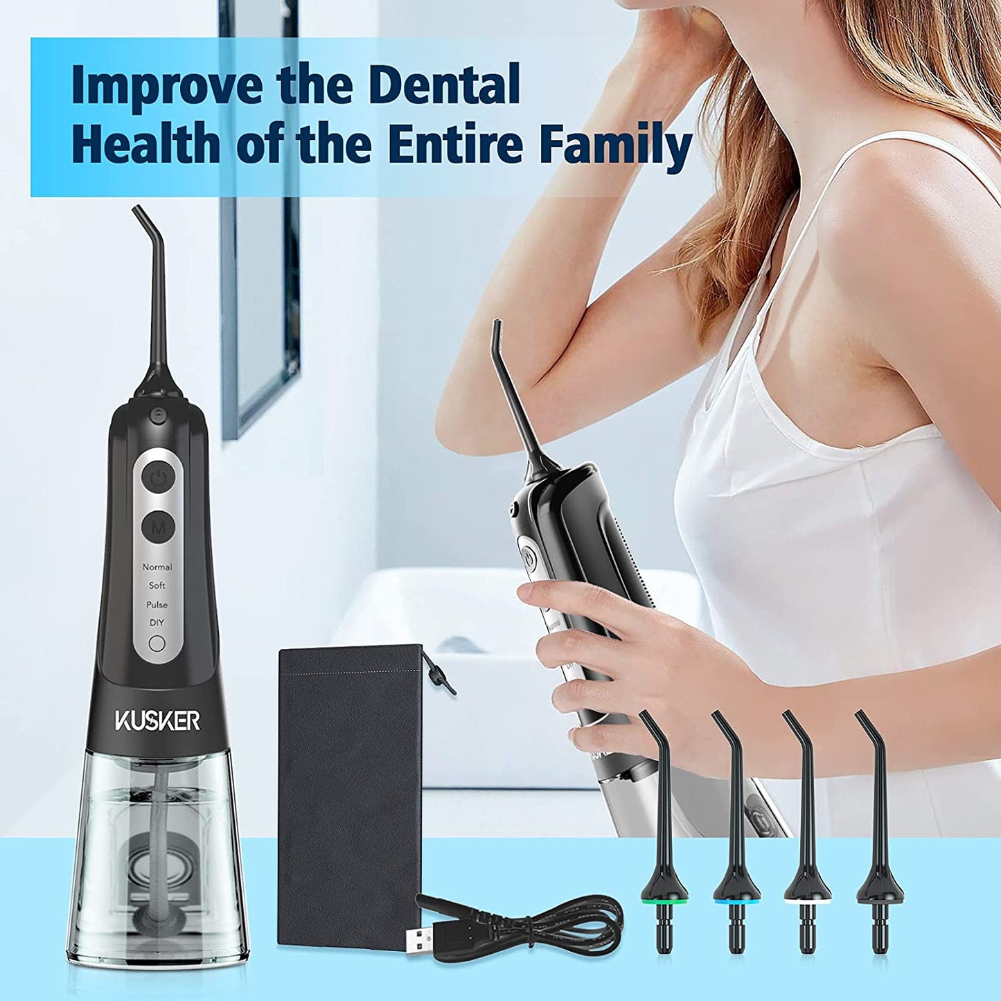 Water Dental Flosser Cordless, Portable Oral Irrigator for Teeth, 4 Modes and 4 Jet Tips, IPX7 Waterproof, Rechargeable for 30-Days Use, Home, Travel, Braces, Bridges Care(Black)