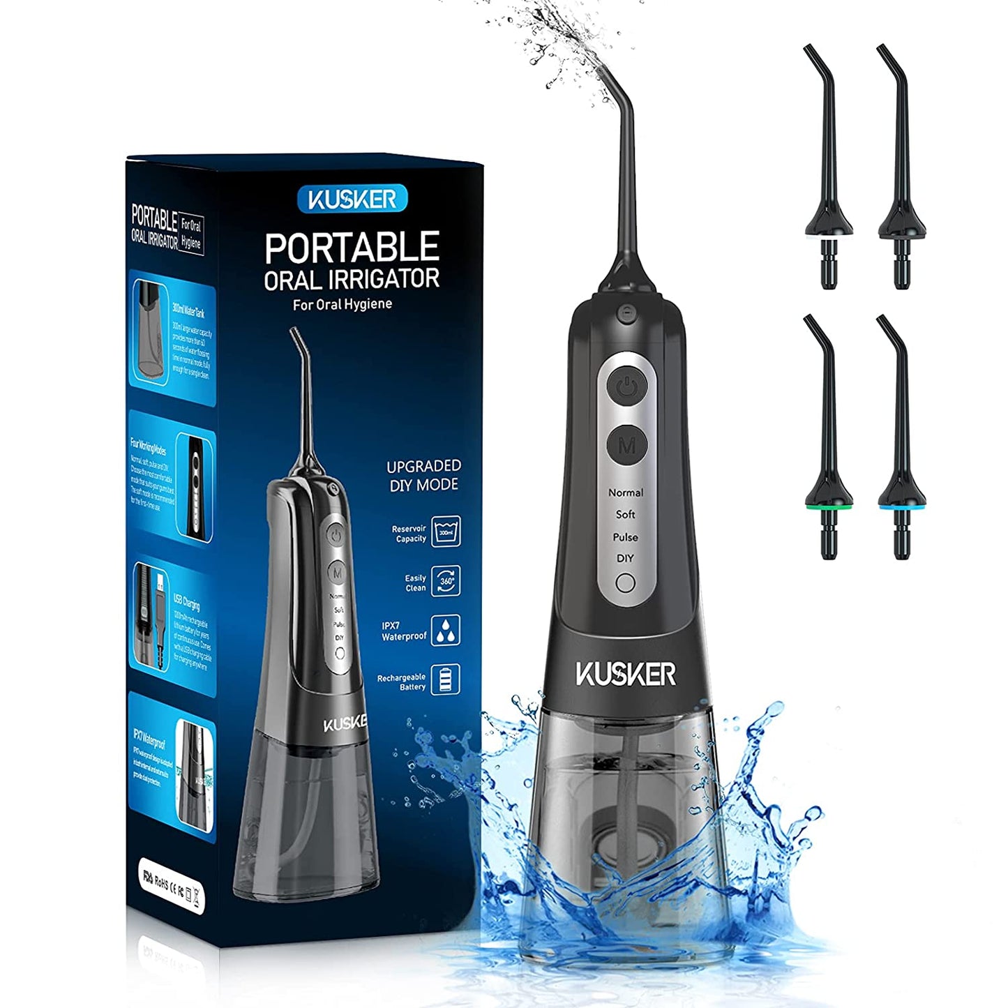 Water Dental Flosser Cordless, Portable Oral Irrigator for Teeth, 4 Modes and 4 Jet Tips, IPX7 Waterproof, Rechargeable for 30-Days Use, Home, Travel, Braces, Bridges Care(Black)